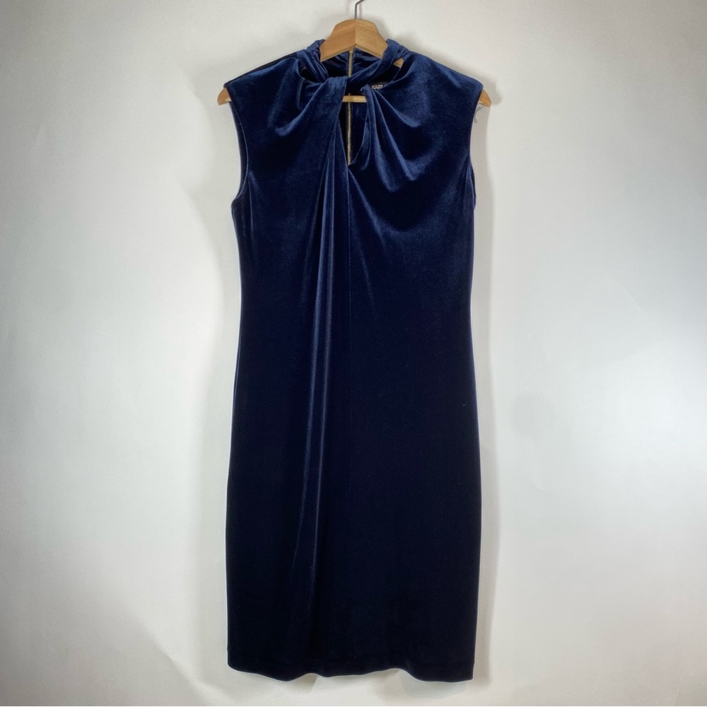 Karl Lagerfeld Velvet Sleeveless Dress Size 4 Navy Blue Minimalist Twist Neck